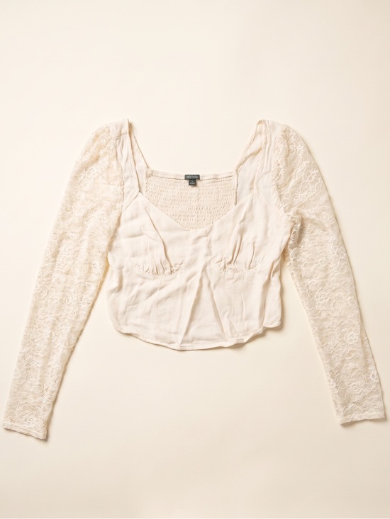 wild fable Tops - wild fable Cream Lace-Sleeve Cropped Top
